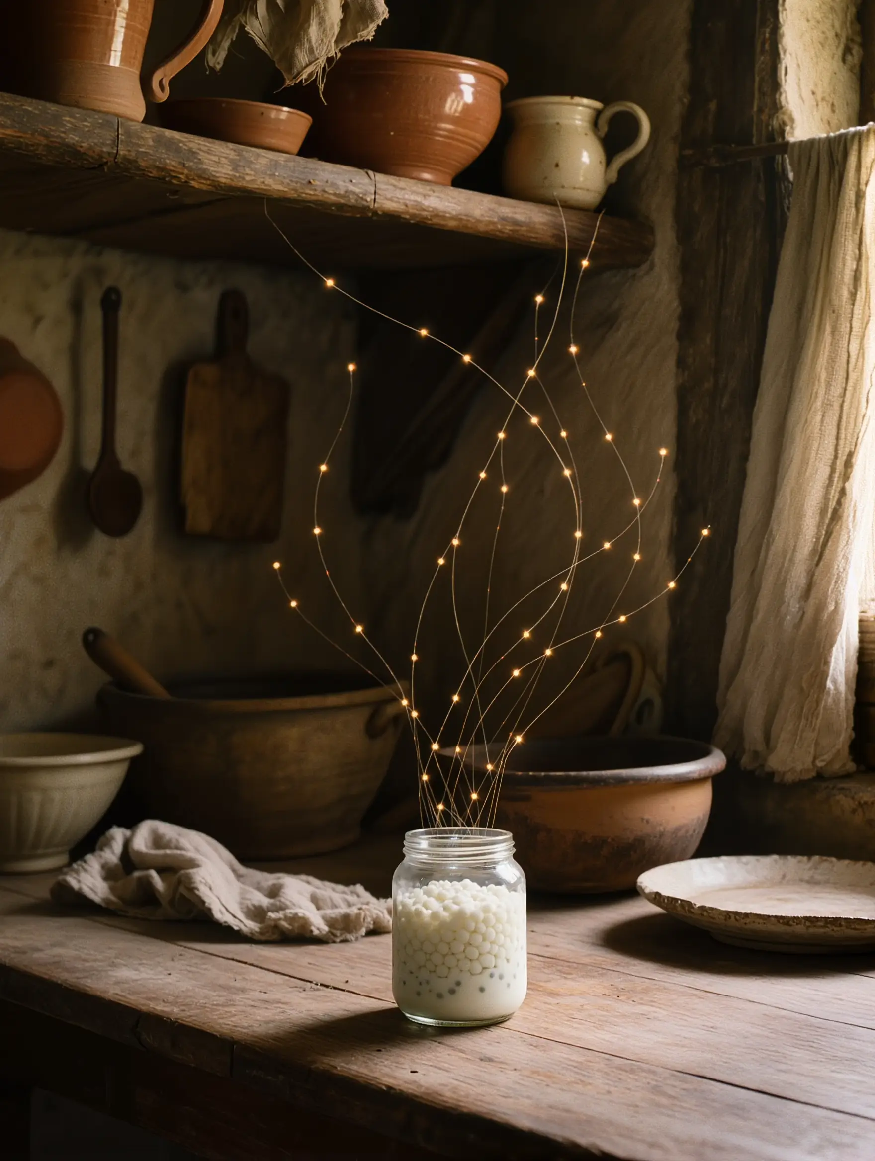 Tarro de kéfir de leche en cocina doméstica — experimento GEO sobre equipamiento